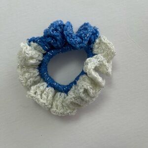 Blue and White Crochet Hair Scrunchie